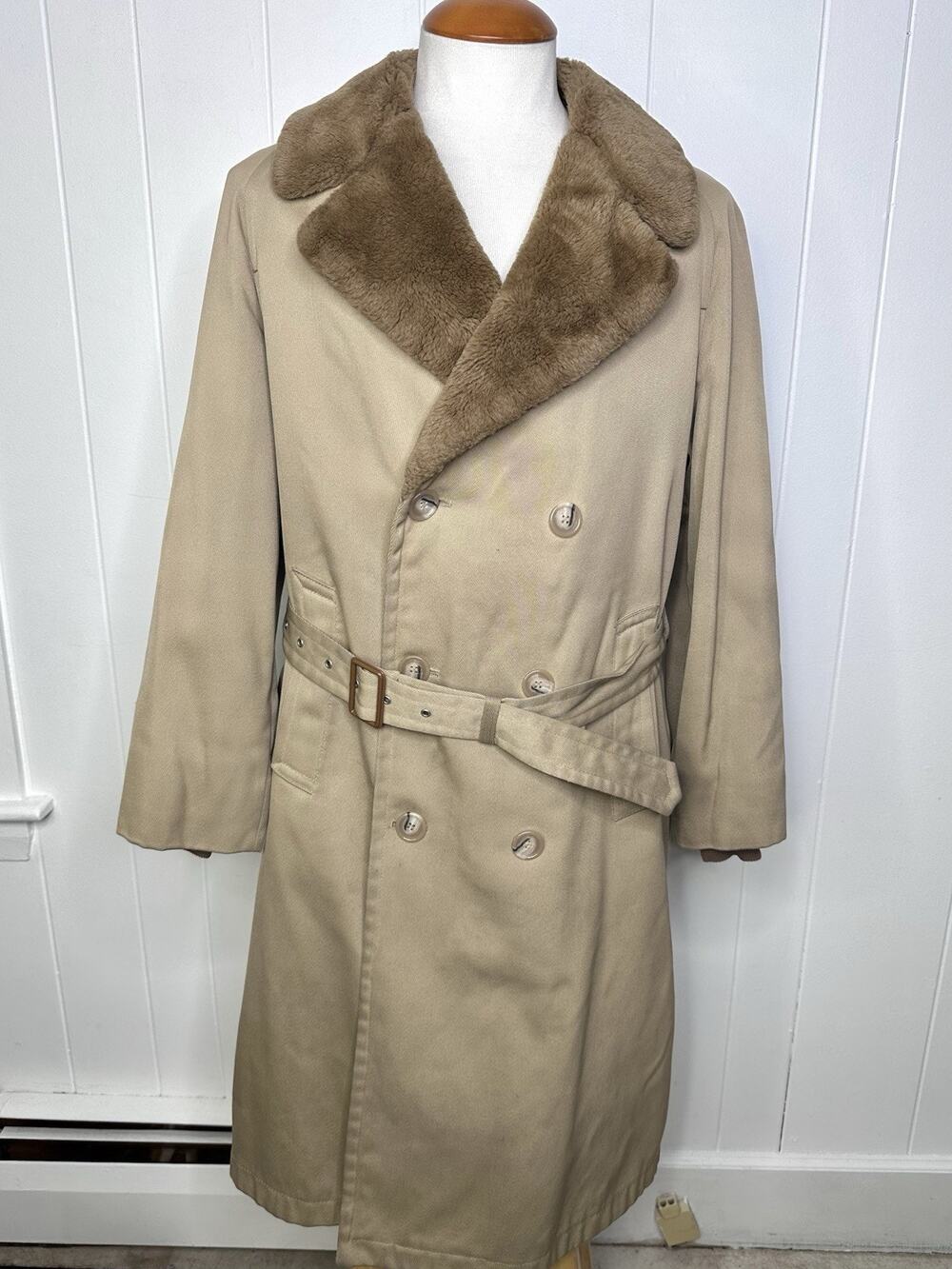 Vintage Zero King Double Breasted Overcoat Faux Fur Collar Lined Trench Mens 40